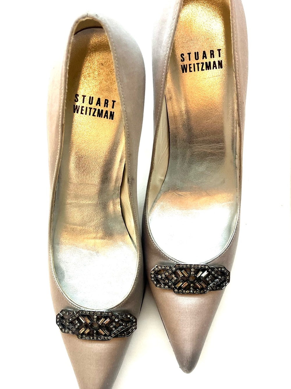 Vintage Stuart Weitzman 3in Silver Satin Pointed Toe Heels with Jeweled Buckles
